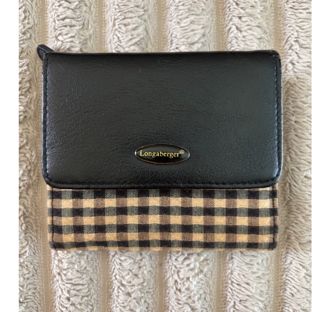 Longaberger Homestead Trifold Wallet Black Faux Leather Gingham Check Snap Zip